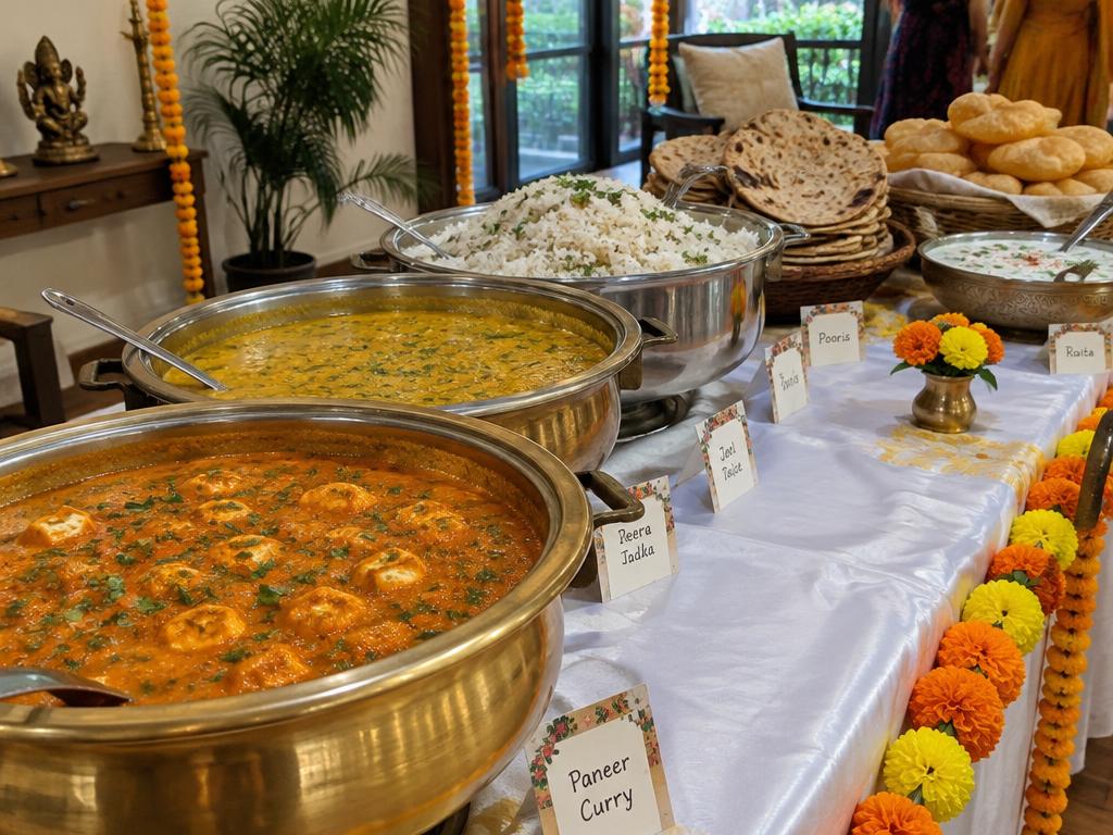 Homemade North Indian food served in large pots for a celebration
