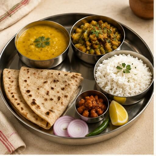 Everyday tiffin with rotis, sabzi, dal, rice and salad