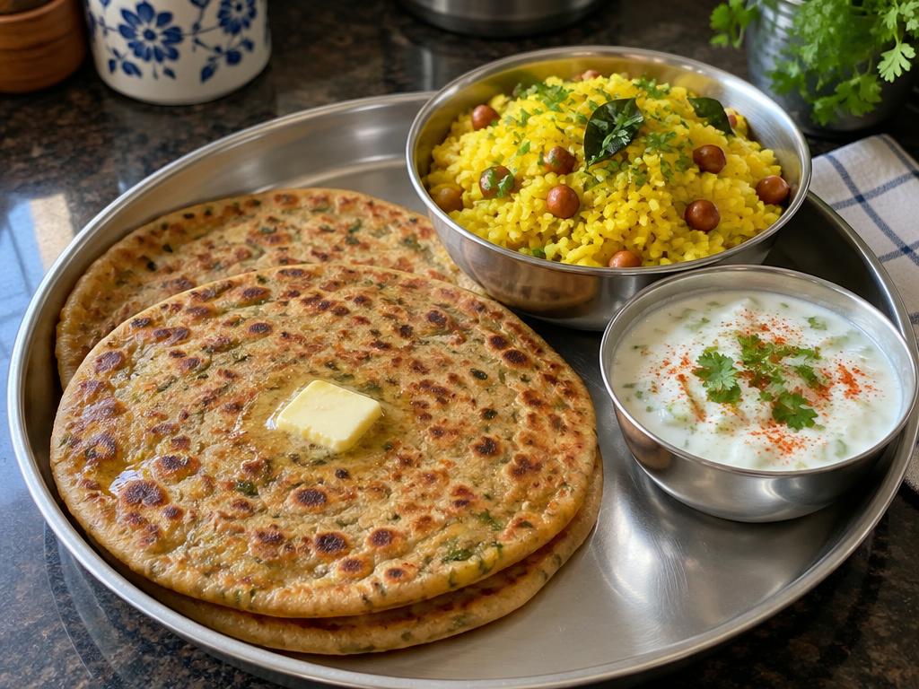 Aloo Paratha with Poha and Raita