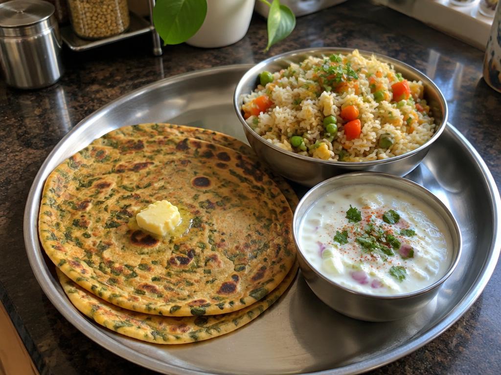 Methi Paratha with Fried Rice and Raita